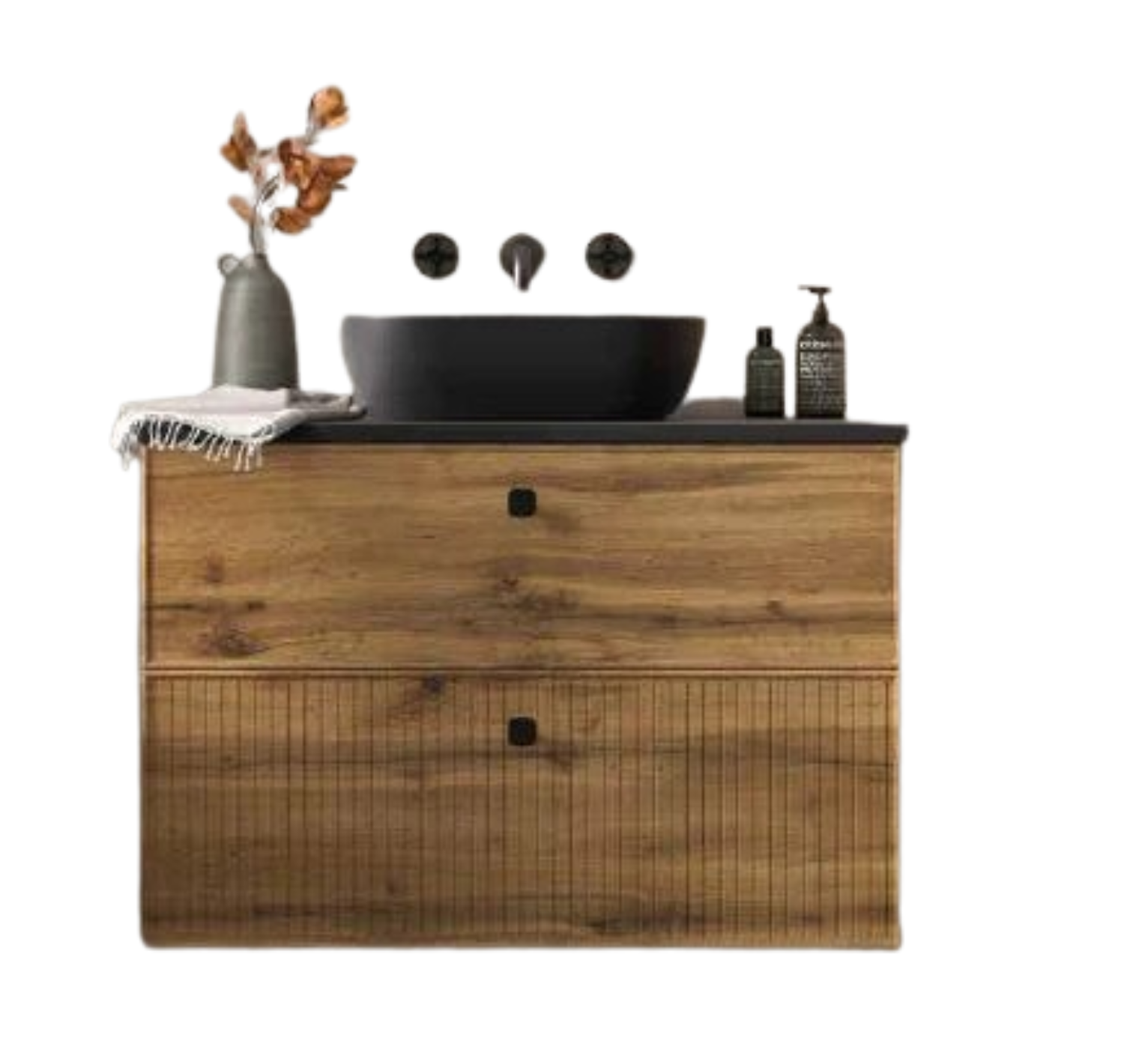 Mueble baño 2 cajones + encimera negra + 1 lavabo negro - 80x46