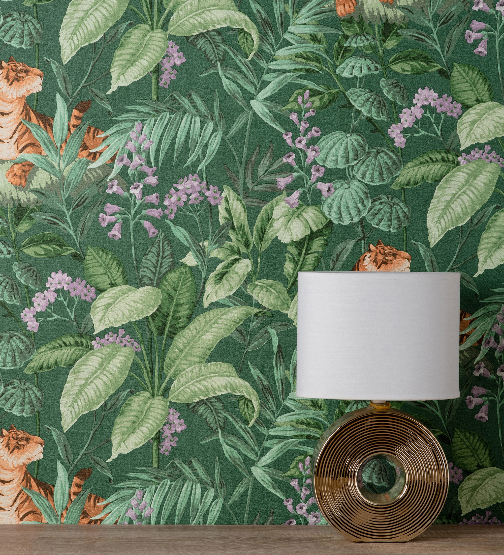 Papel pintado gaulan de tigres y hojas tropicales verde con 5.23m²