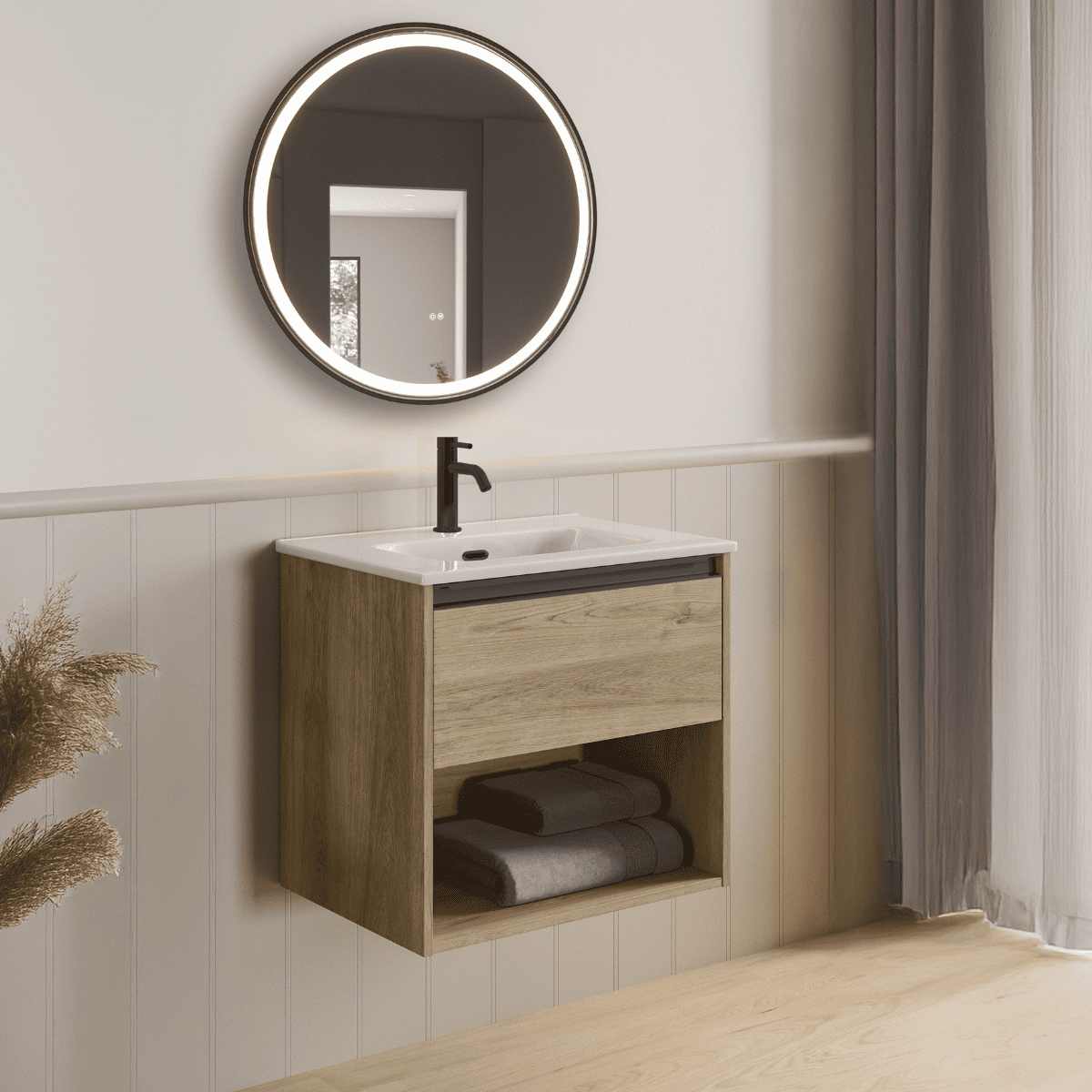 Mueble de baño con lavabo | 1 cajón 1 hueco | 70 cm roble tirador negro