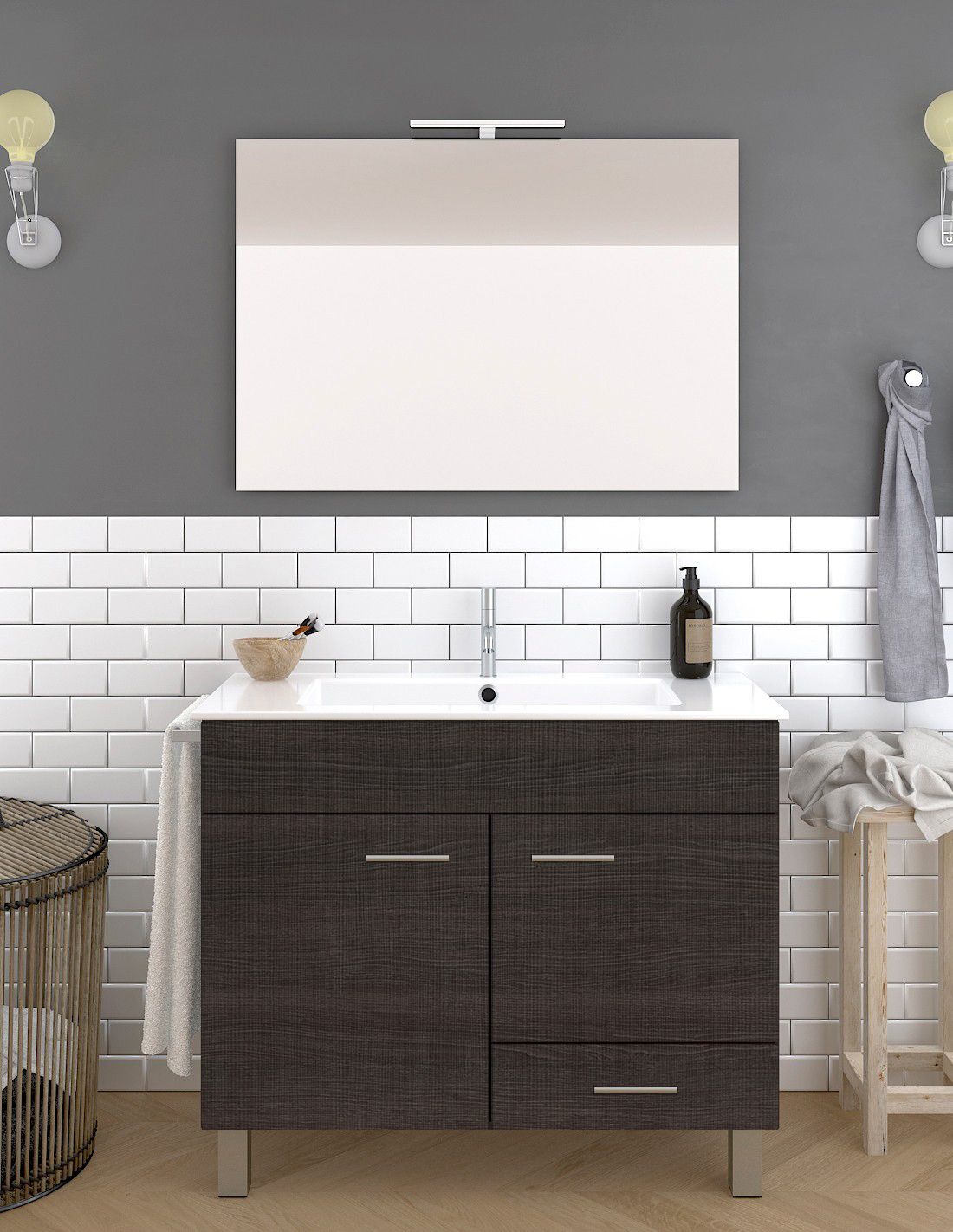 Mueble de baño samos, lavabo y espejo 90x45cm roble sinatra