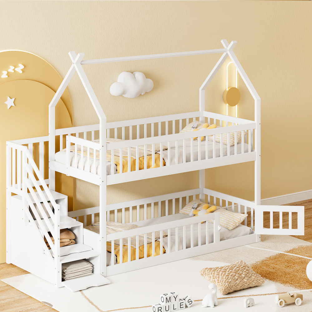 Litera 90x200cm con techo, escalera y cajones madera maciza – blanco