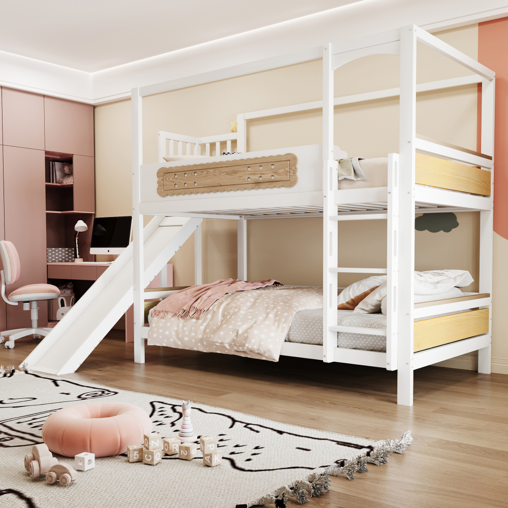 Litera 90x200cm con tobogán y barandillas madera – natural y blanco