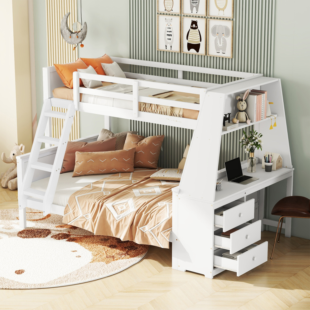 Litera 90/140x200cm con escritorio, estante y cajones madera – blanco
