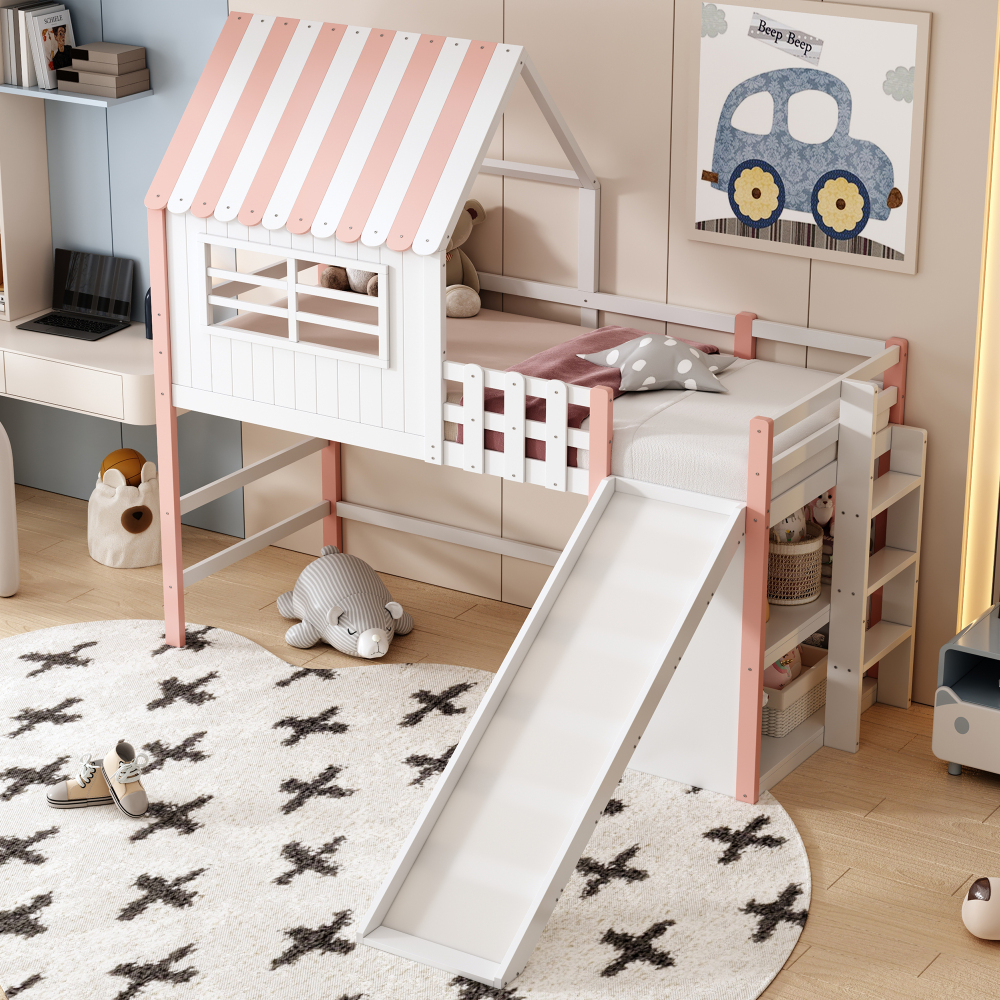 Cama alta 90x200cm con tobogán, escalera y estantes madera maciza – rosa