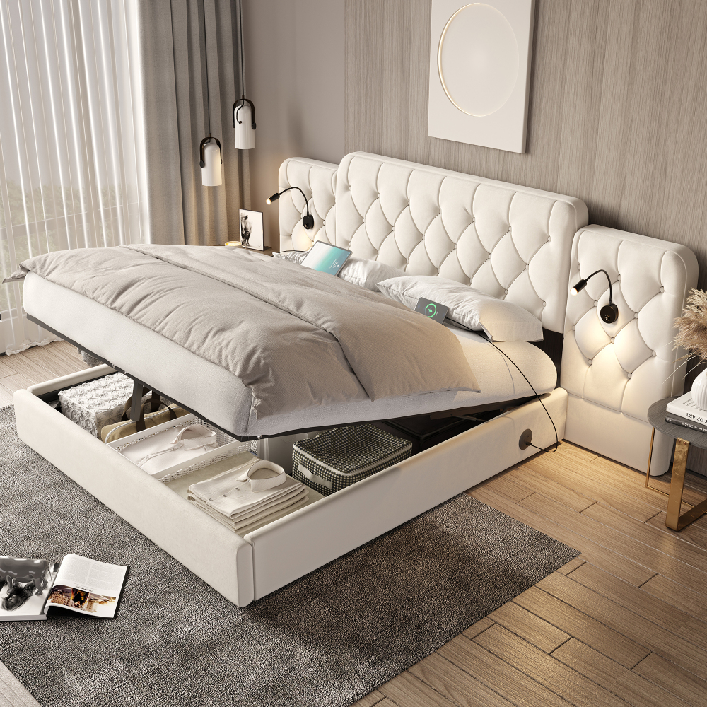 Cama tapizada 160x200cm con canapé hidráulico y usb terciopelo – beige