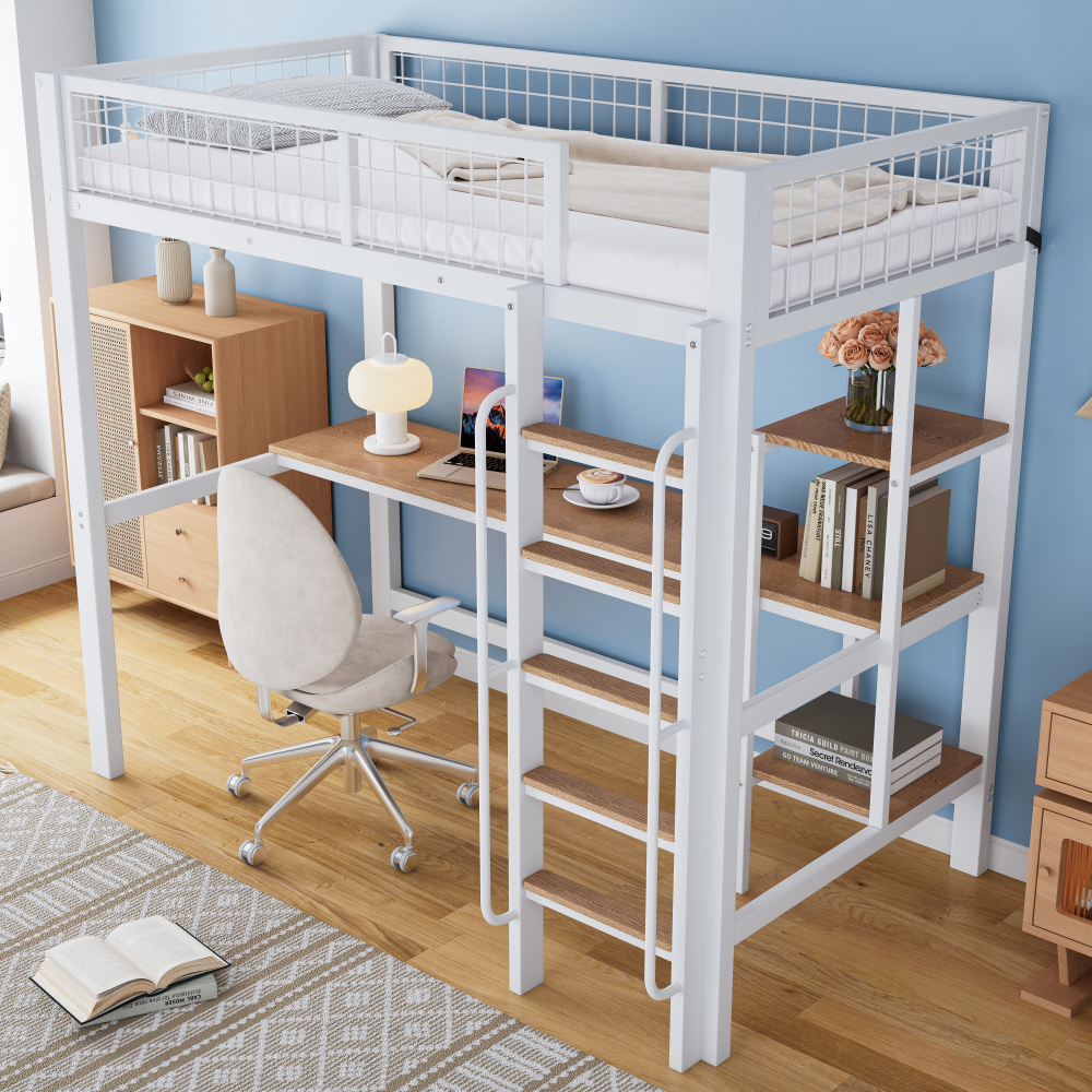 Cama alta 90x200cm con escritorio y estantes metal+madera – blanco+natural
