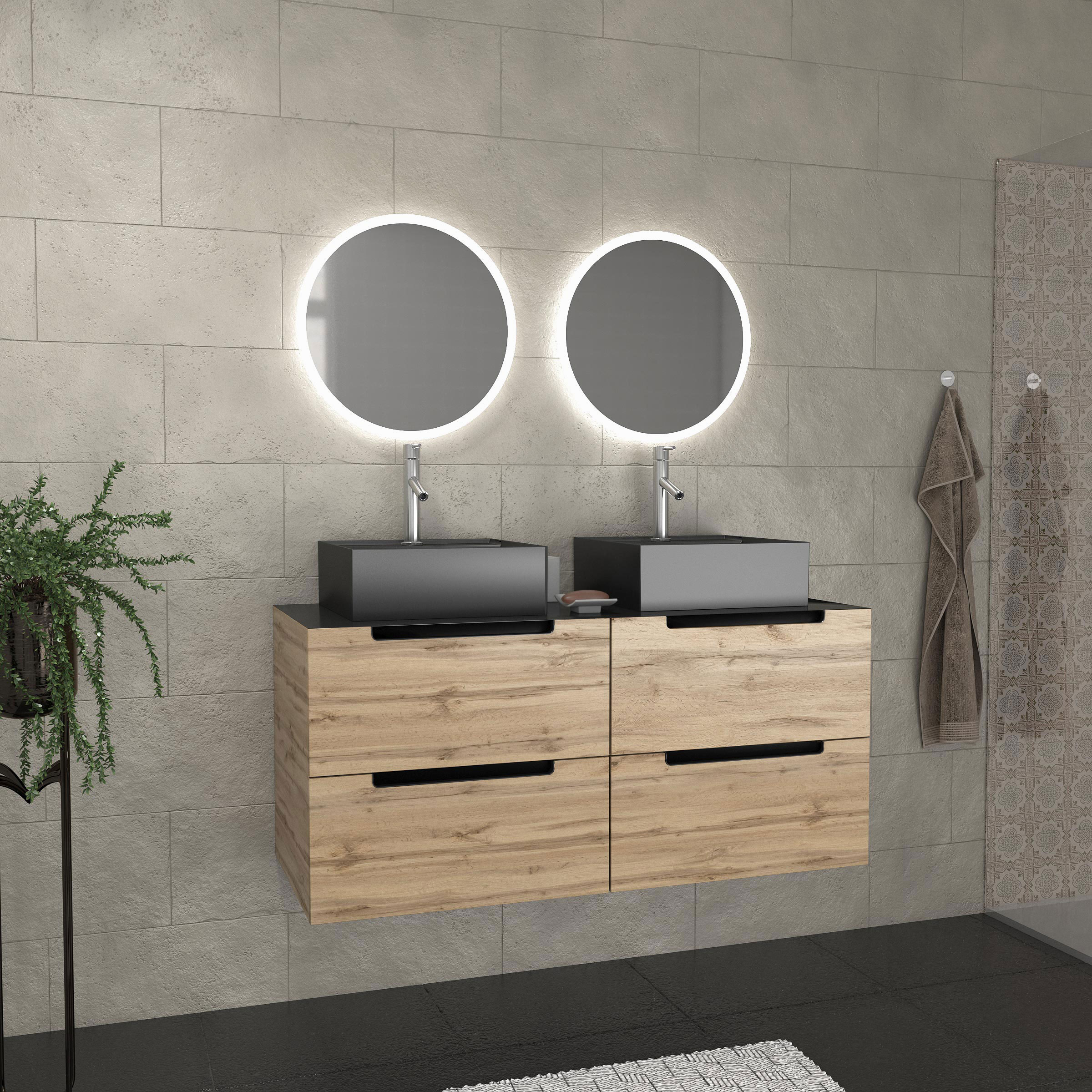 Mueble baño 120 cm roble y negro lavabos cuadrados + espejos LED ø50