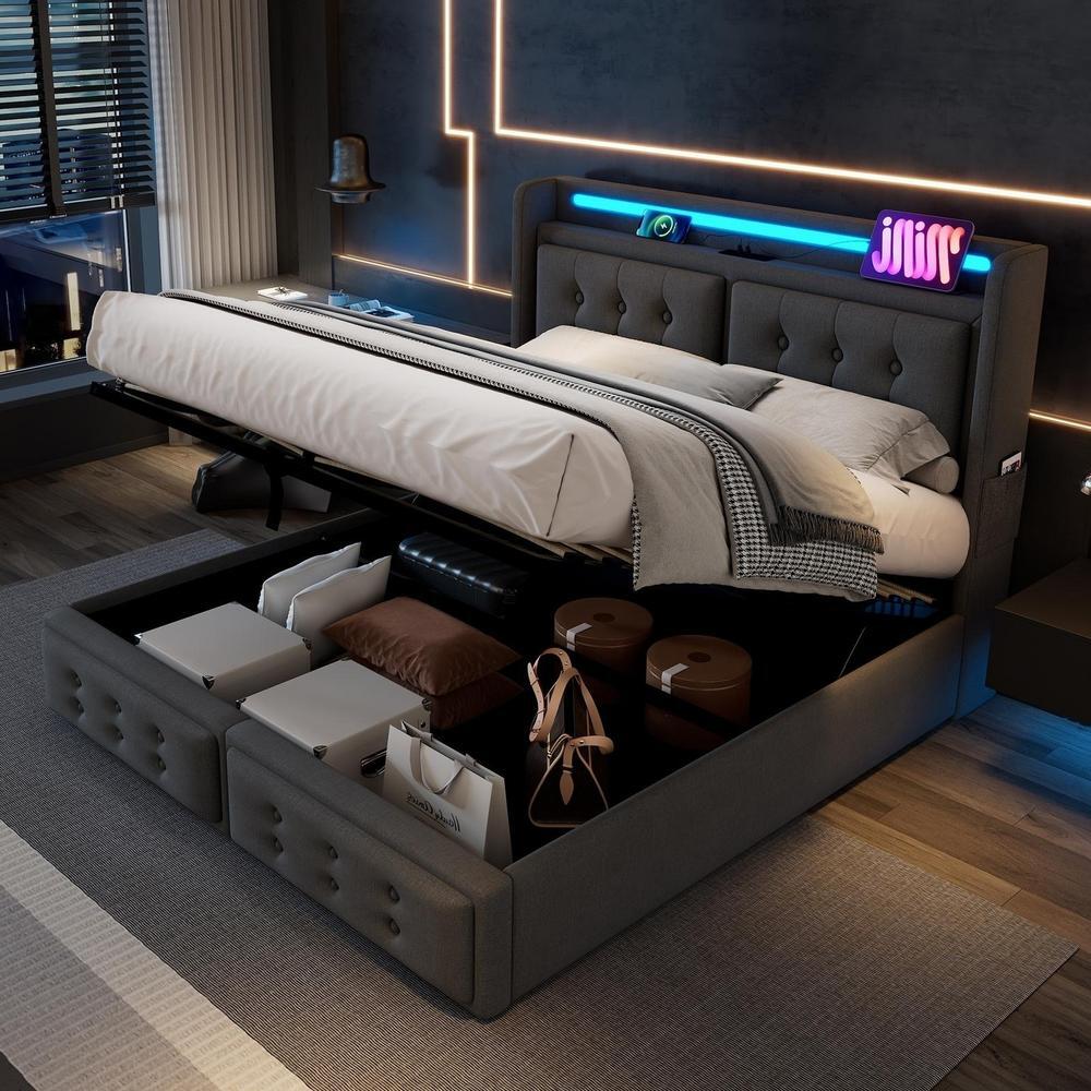 Cama doble 140x200cm con almacenaje hidraulico cabecero LED usb c gris
