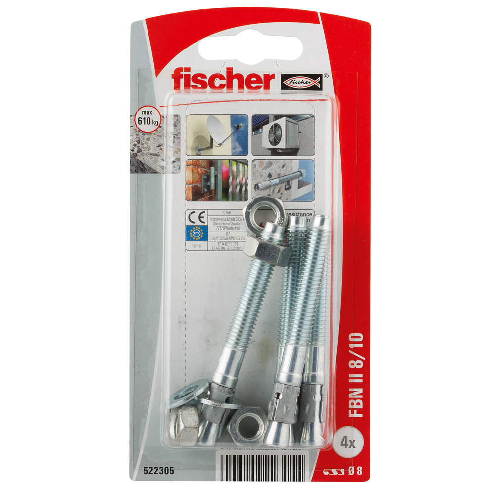 Pack 4 anclajes espárago de expansión fischer 8 x 70 mm