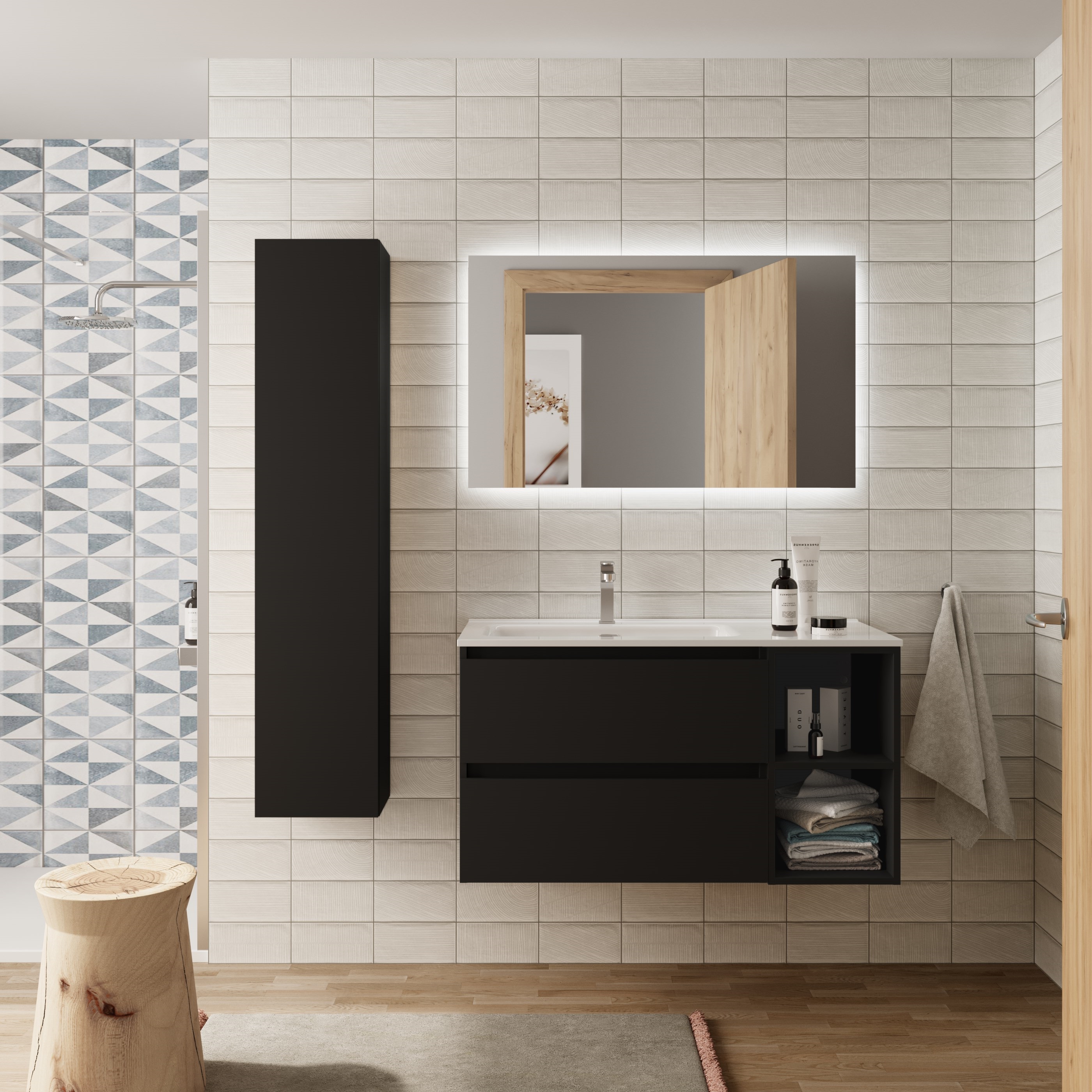Mueble baño bequia 90cm + coqueta derecha + lavabo cerámica| negro