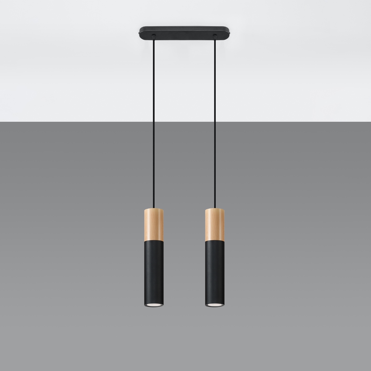 Lámpara coLGante pablo 2 madera natural/negro acero/madera 30x90x6cm