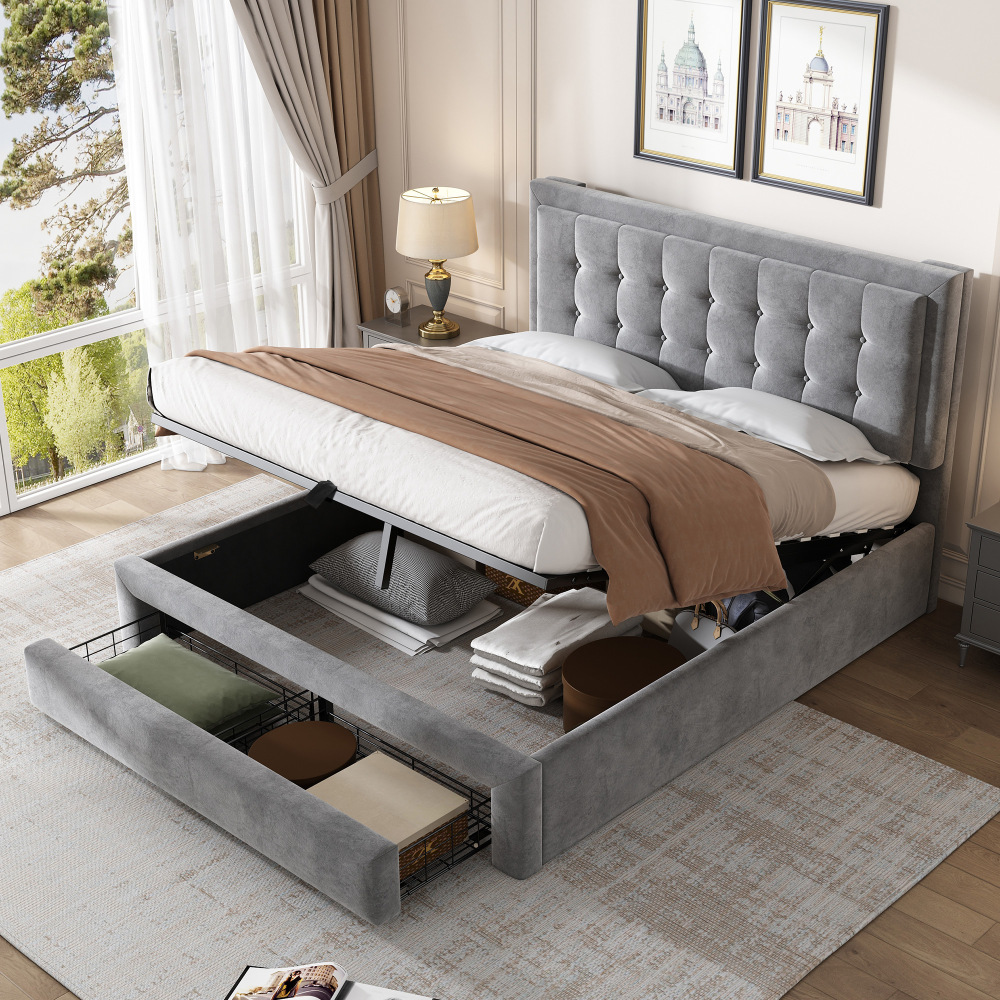 Cama tapizada 140x190cm con canapé hidráulico y 2 cajones terciopelo – gris
