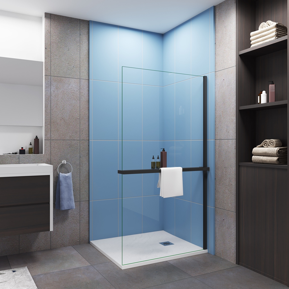 Mampara de ducha fija con estante-100x200cm-8mm antical-perfil negro mate