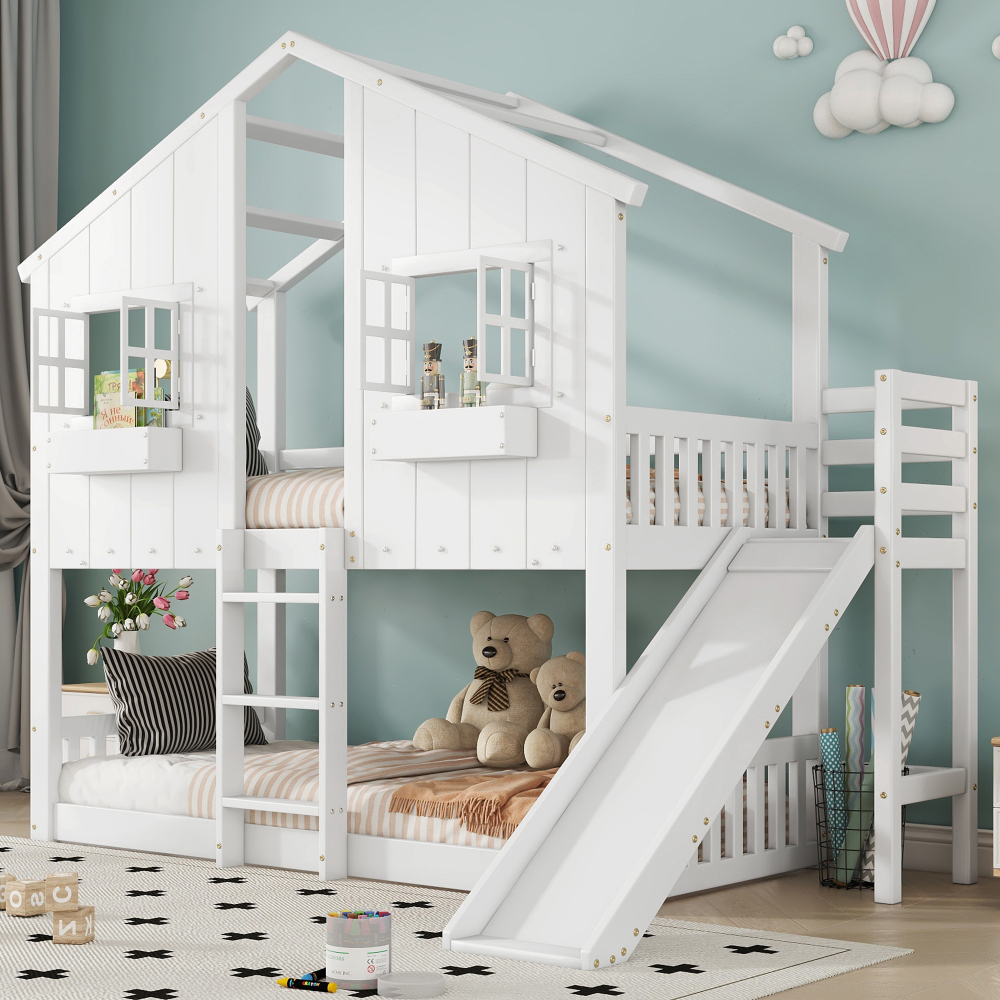 Litera casita 90x200cm con tobogán y escalera madera maciza y mdf – blanco