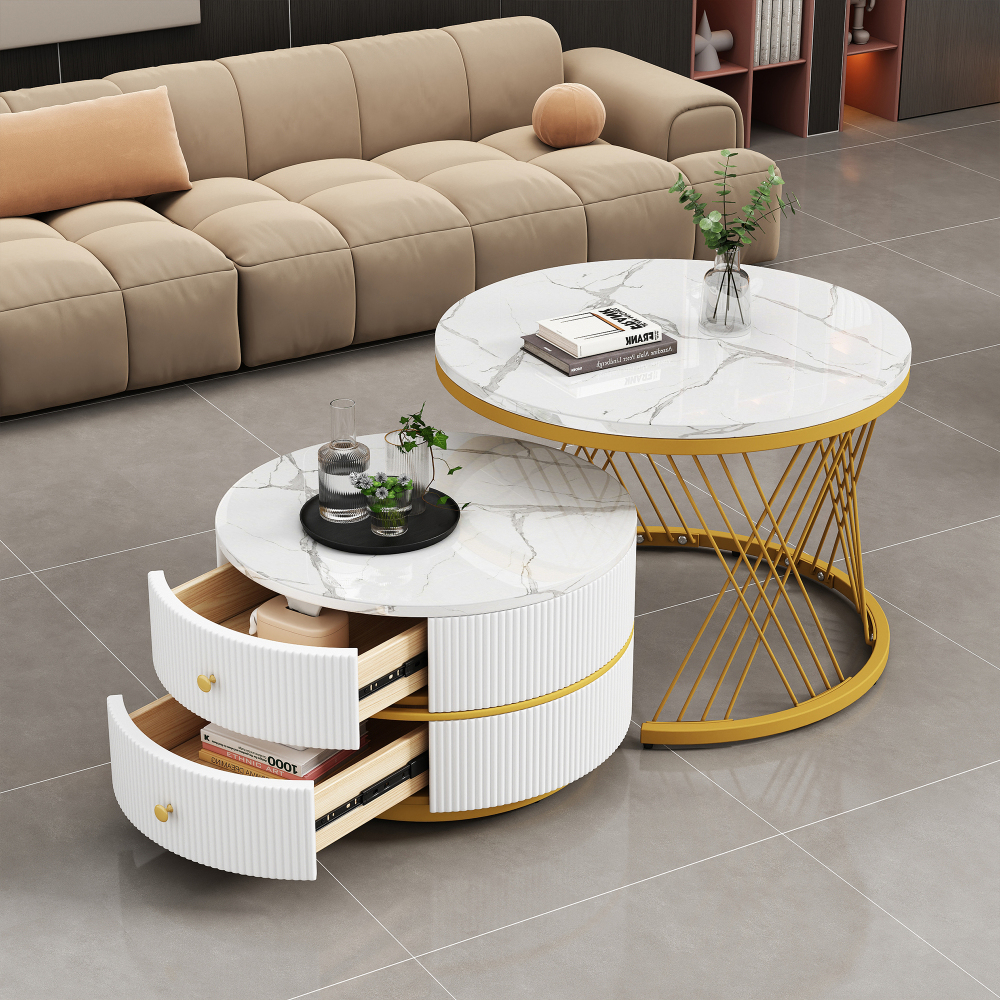 Mesa de centro nido redonda con 2 cajones blanco 46x60x60cm