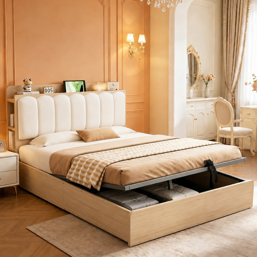 Cama de madera 140x200cm con almacenaje, usb y luz nocturna – natural