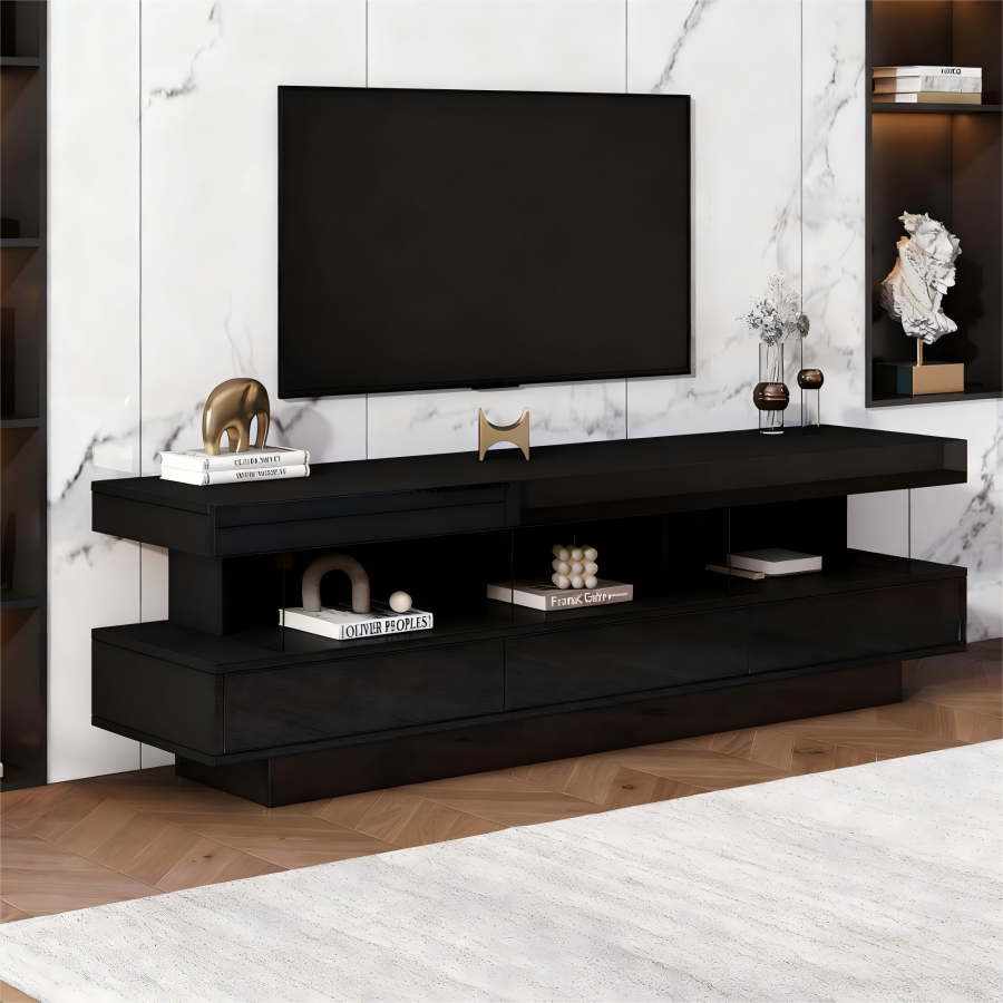 Mueble de tv con 3 estantes de vidrio negro 50,5x160x38cm