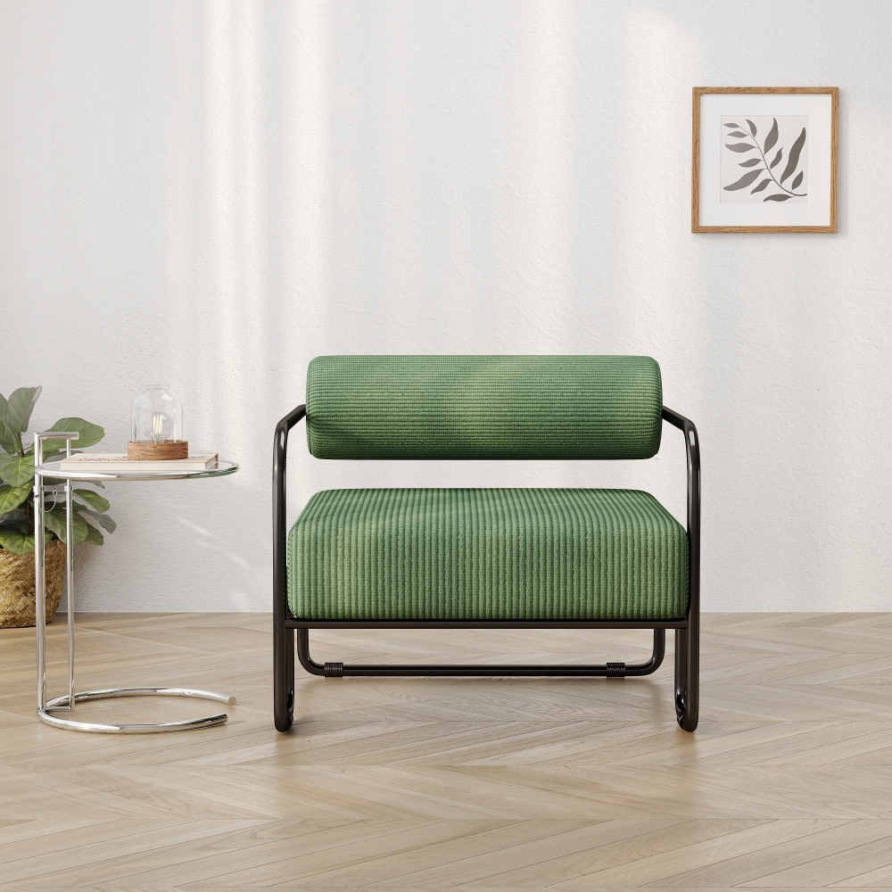 Sillón relax pana verde con estructura metálica negra