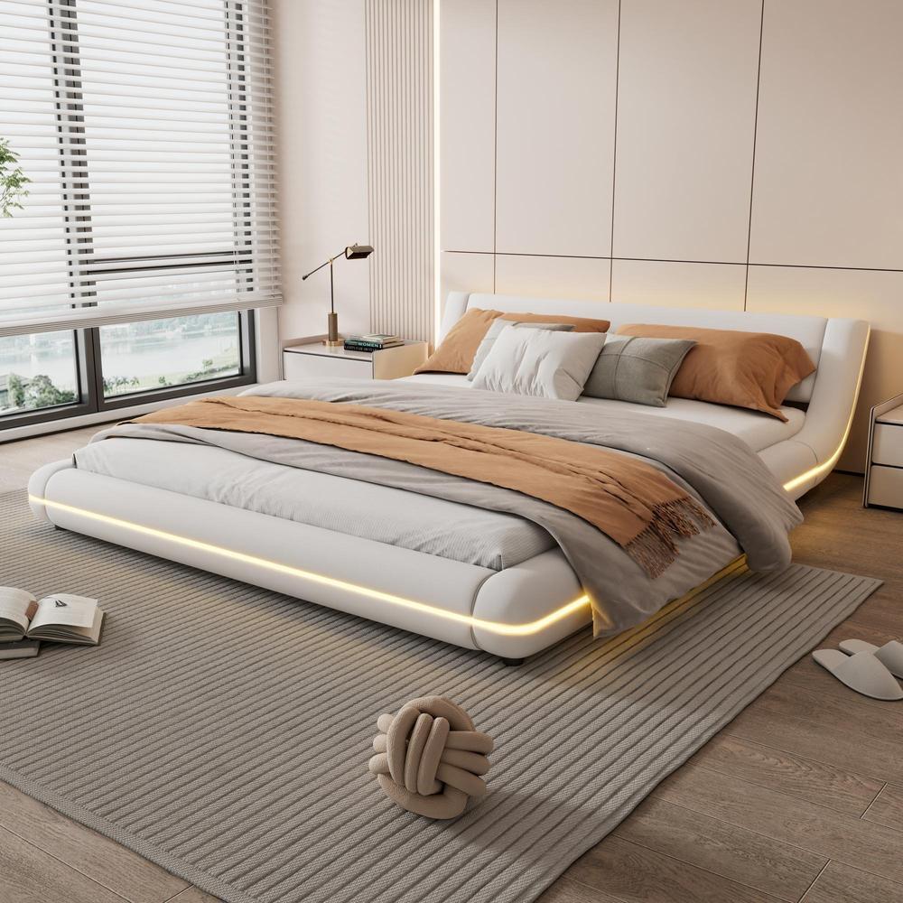 Cama baja 160x200cm con iluminación LED ambiental, blanca y estable