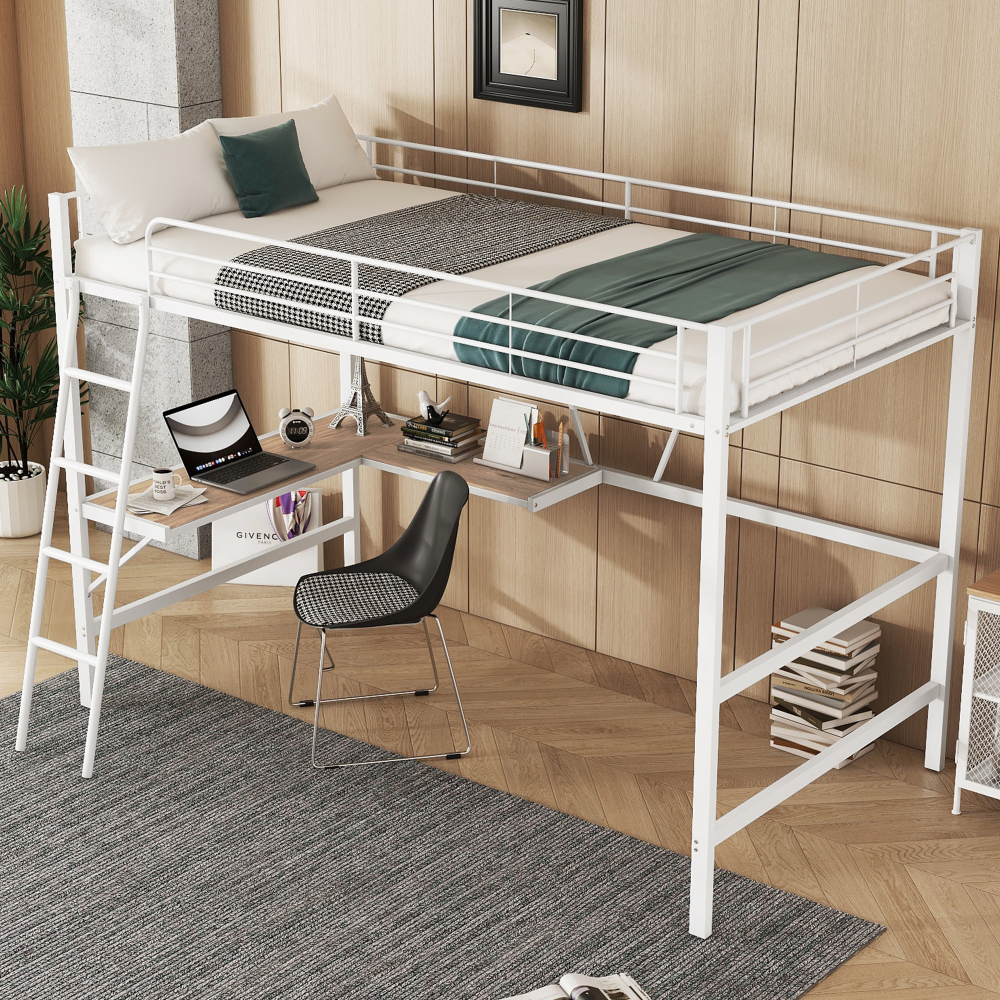 Cama alta 90x200cm con escritorio en l y estantería metal y mdf – blanco