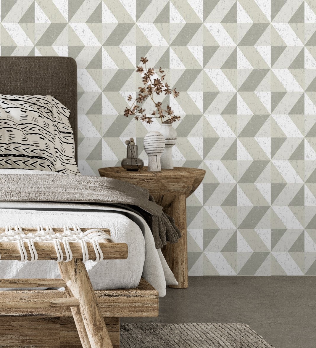 Papel pintado gaulan geométrico rombos blanco beige metal en 5.23m²
