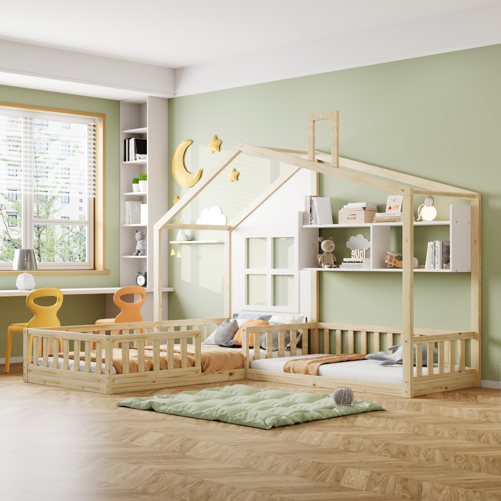 Cama de suelo 90x200/140x70cm estantes, LED y barandilla madera natural