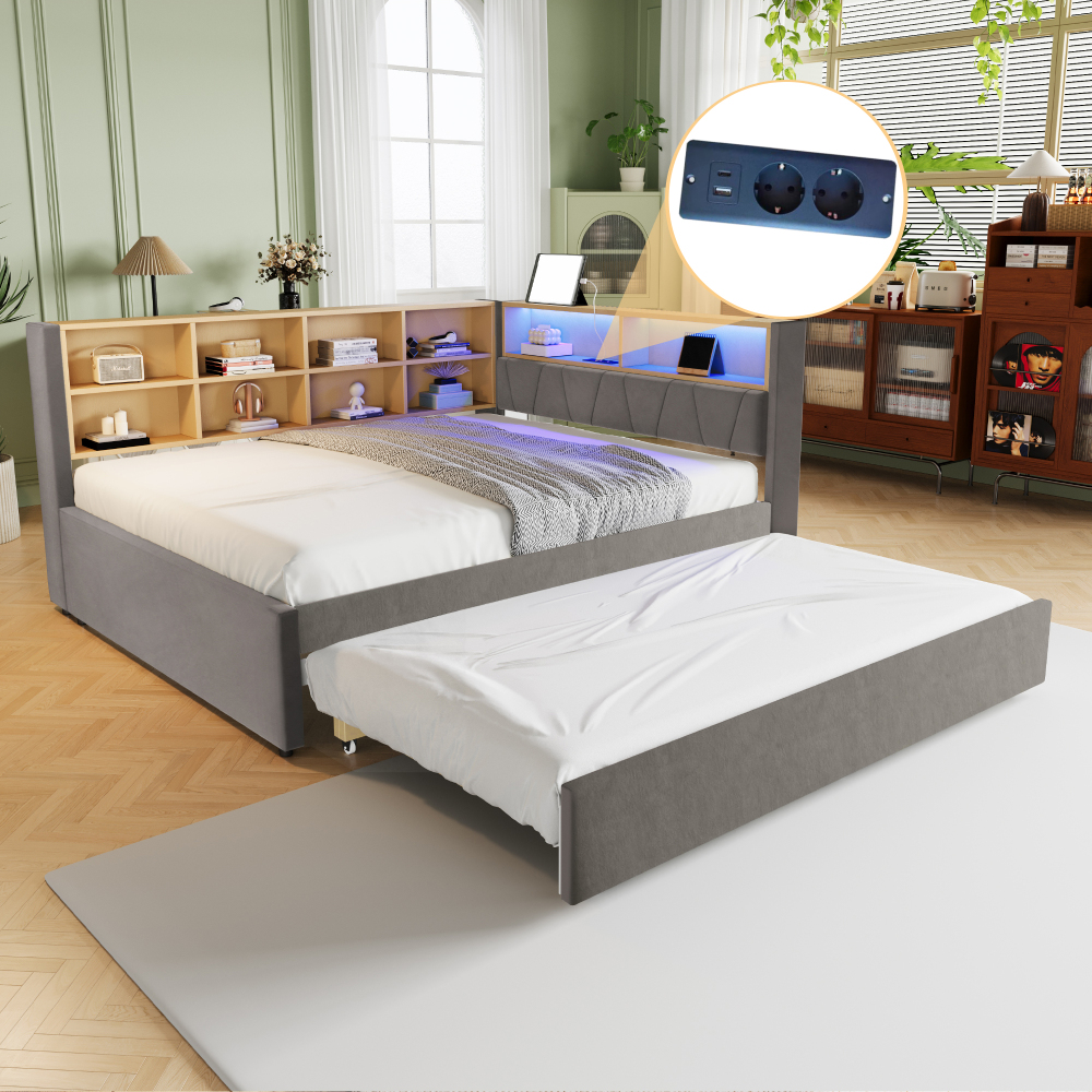 Cama nido 140x200cm con LED, usb y compartimentos franela gris oscuro