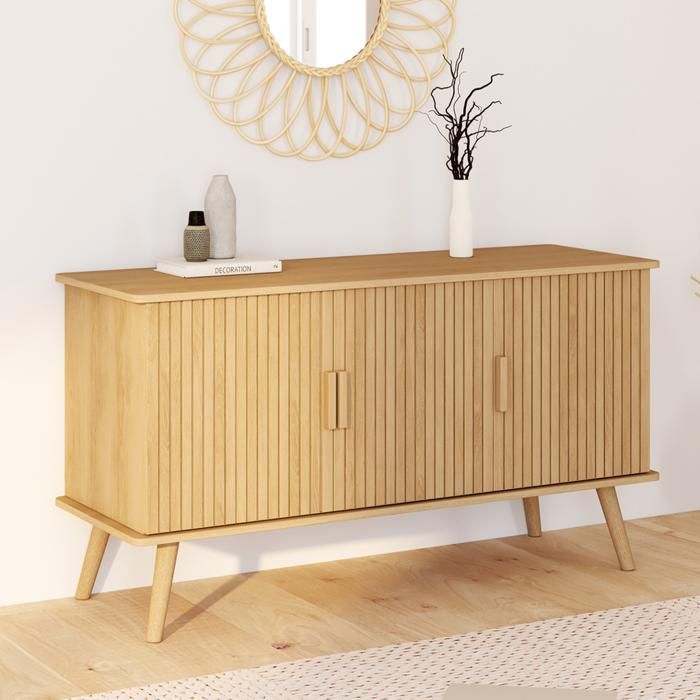 Aparador de madera clara juliette de 3 puertas con lamas, 110 cm