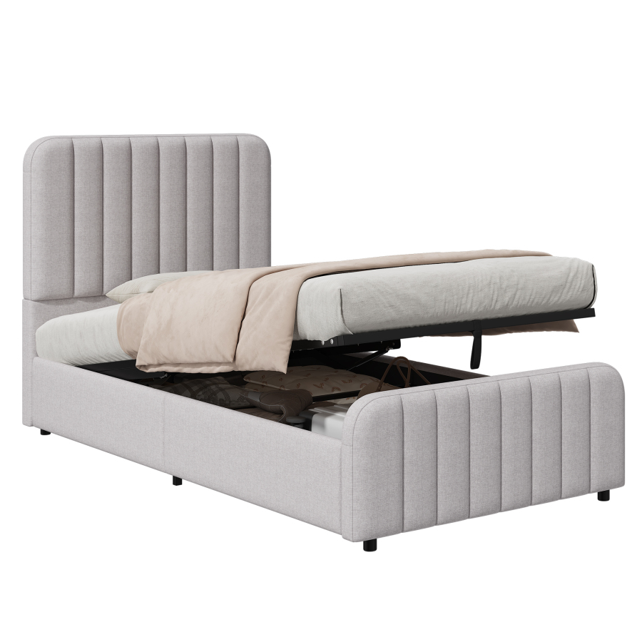 Cama tapizada 90x200cm con almacenaje hidráulico lino color gris