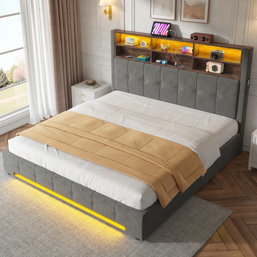Cama tapizada 180x200cm con almacenaje, LED y usb-c gris