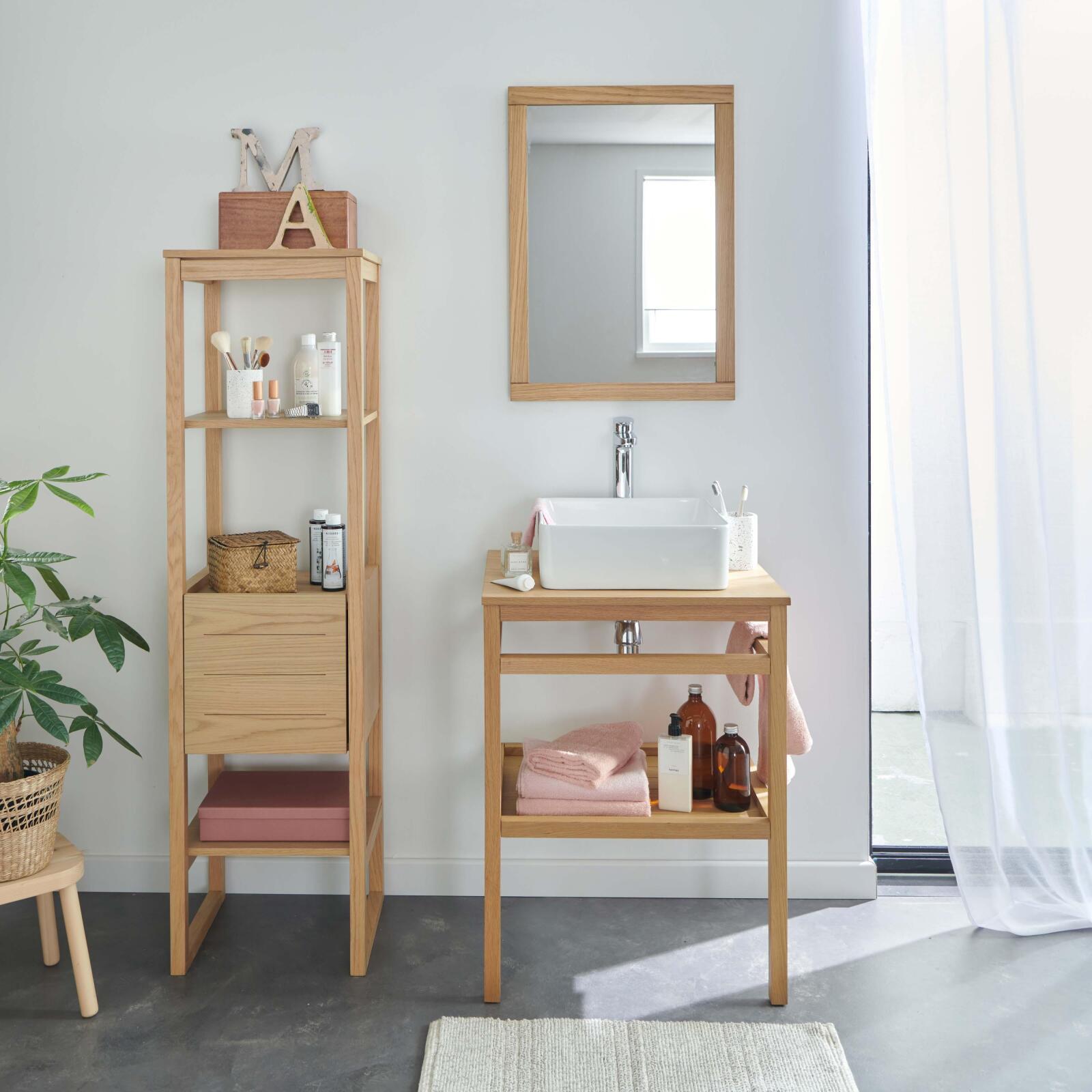 Mueble 60cm roble, lavabo cuadrado, grifo, espejo, columna | hopp