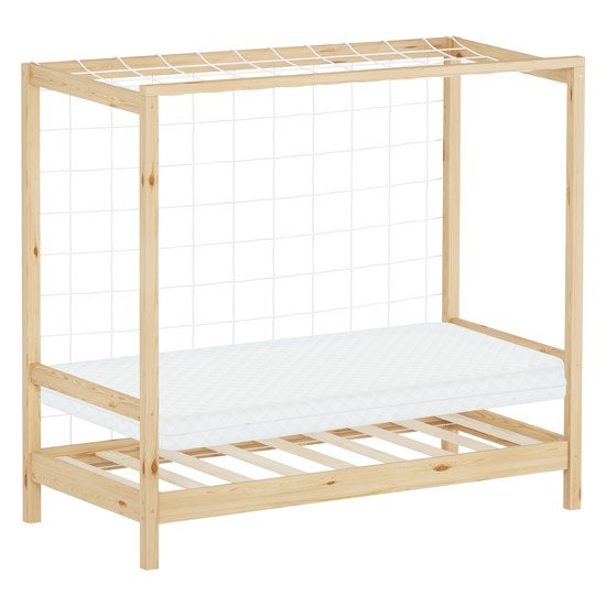 Cama infantil 70x140cm + colchón 10cm portería fútbol madera natural