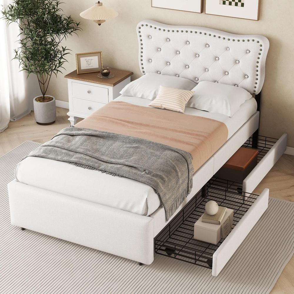Cama 90x200 cm con cabecero ajustable, 2 cajones, beige claro