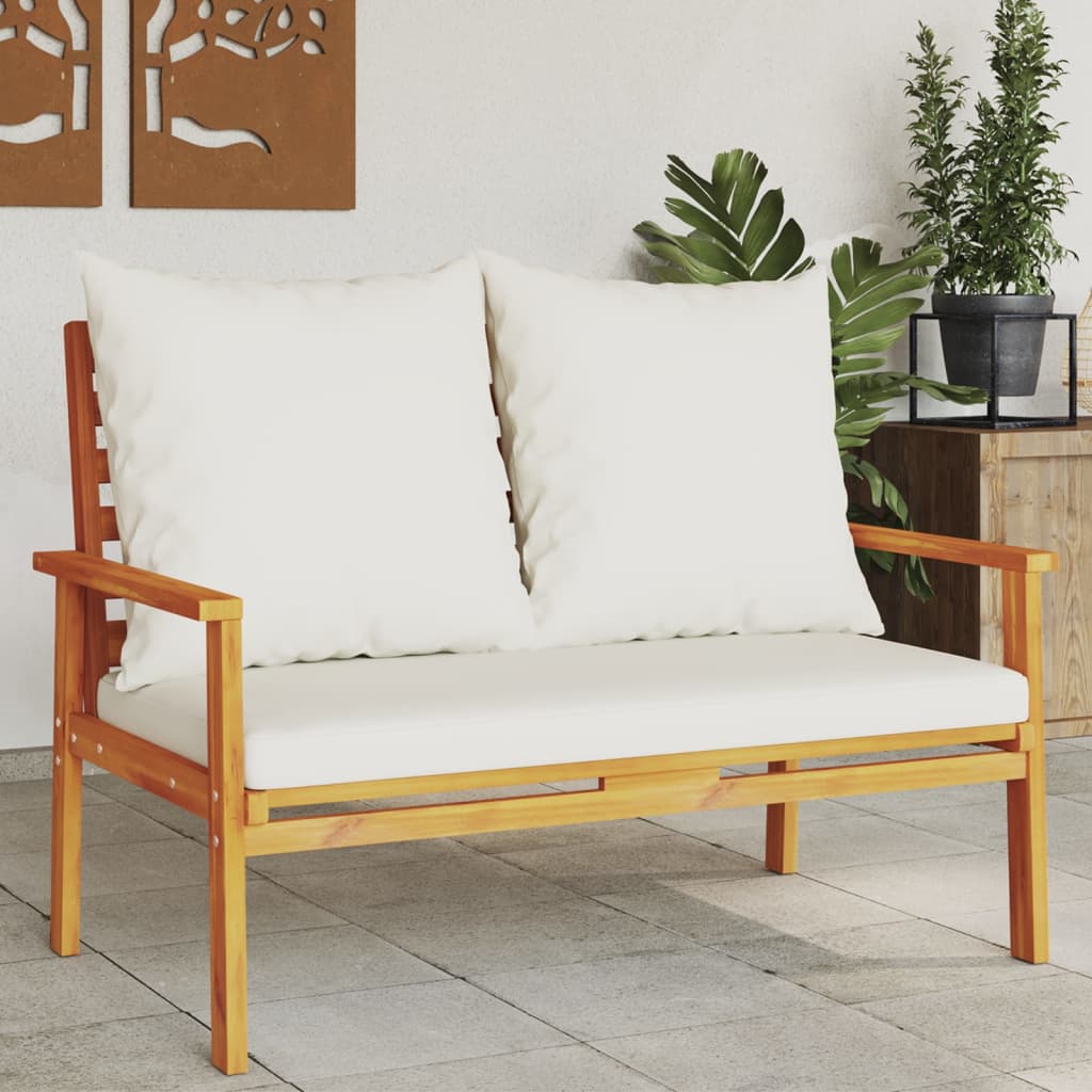 Banco sofá de jardín con cojines madera maciza de acacia 120 cm crema