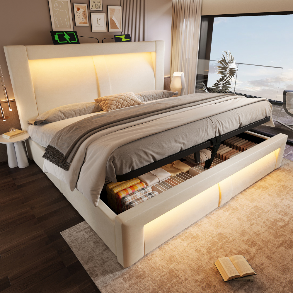 Cama tapizada 180x200cm con canapé LED y usb terciopelo – color beige