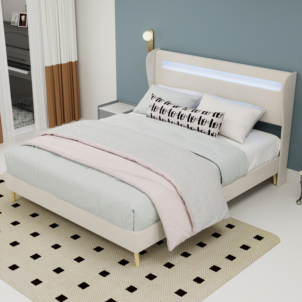 Cama tapizada 140x200 cm con LED y respaldo ajustable tela – color beige