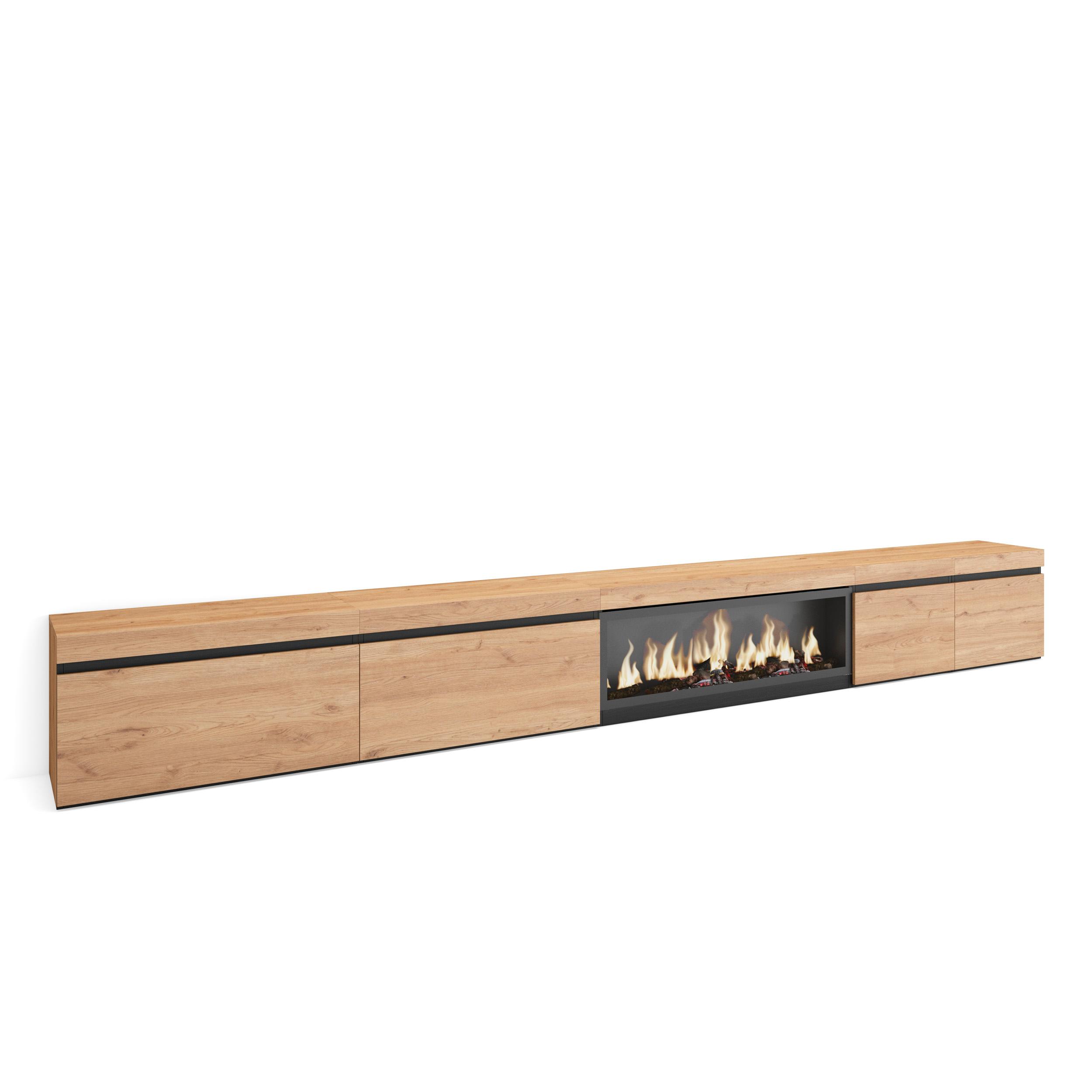 Mueble tv, 368x35x45cm, roble, chimenea eléctrica xxl rf3690