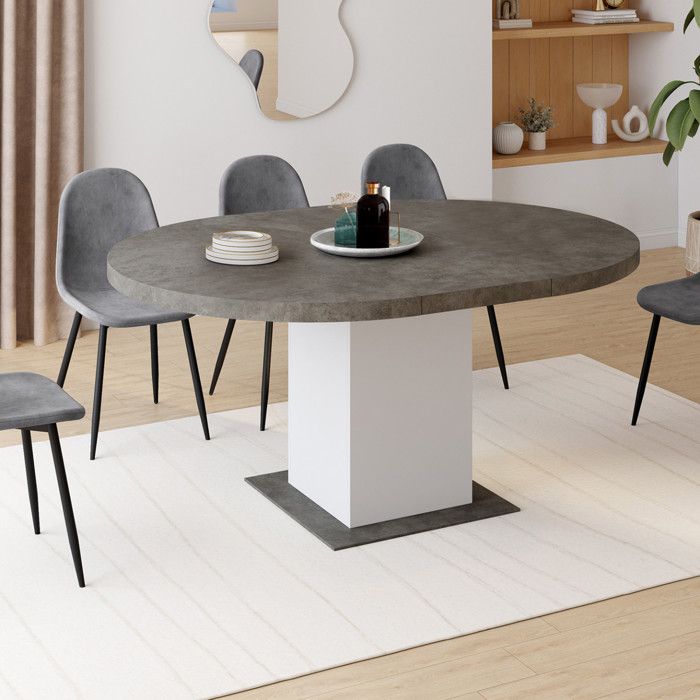 Mesa de comedor redonda extensible - blanco hormigón - 120-160 cm