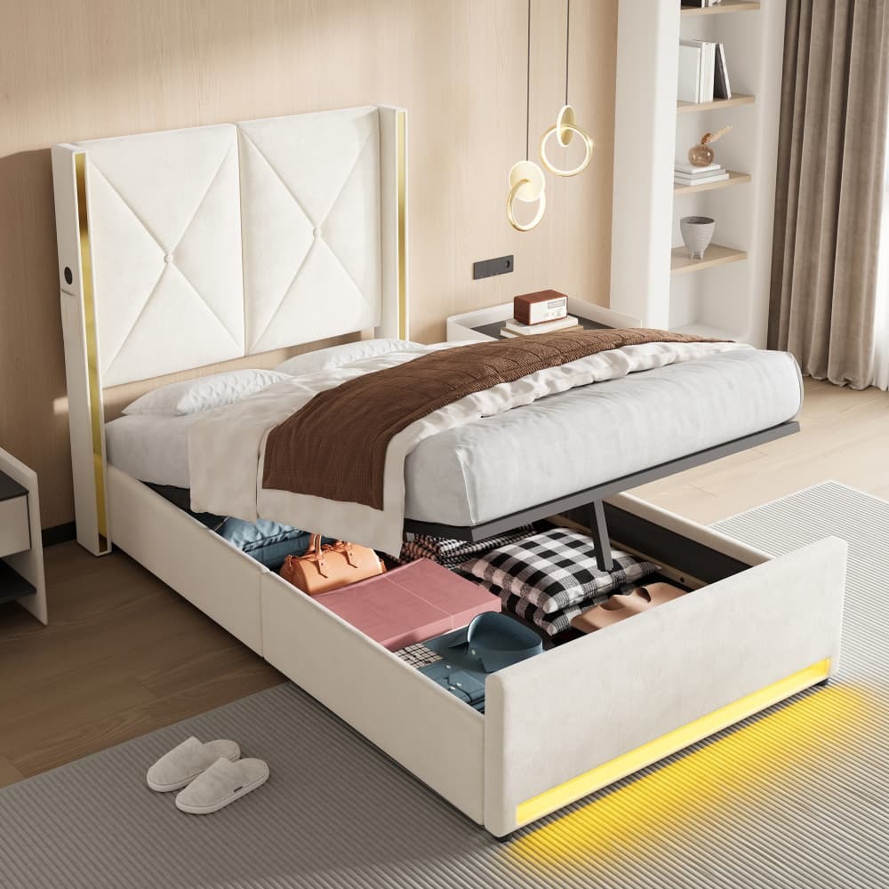 Cama de terciopelo 90x200cm con almacenaje LED carga usb-c