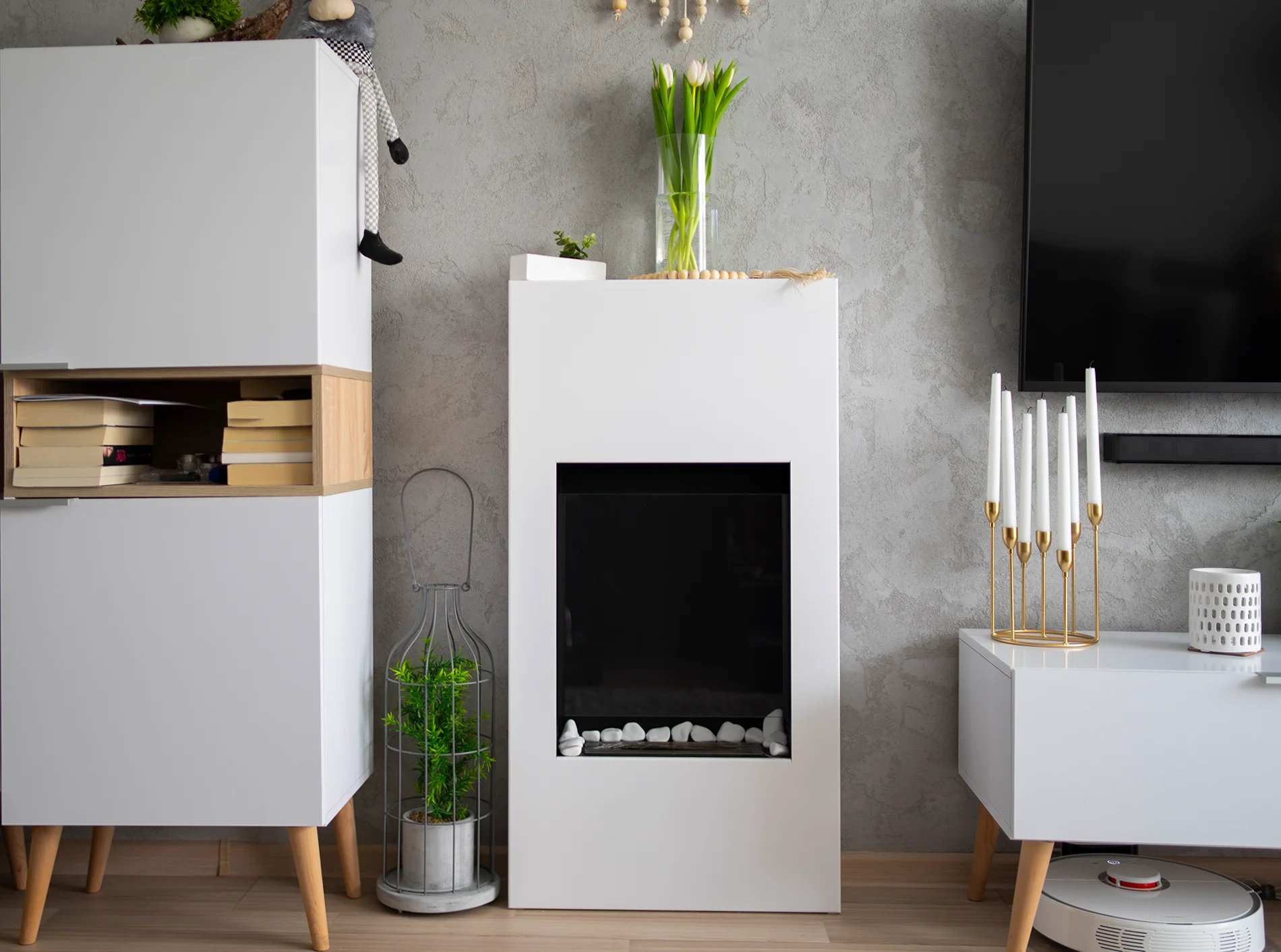 Chimenea bioetanol modern blanca con cristal