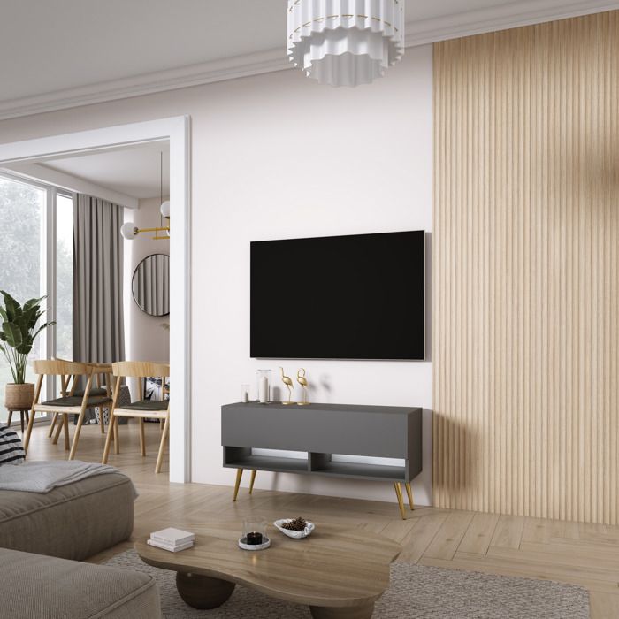 Mueble tv - antracita patas doradas - LED blanca - 100 x 32 x 52 cm