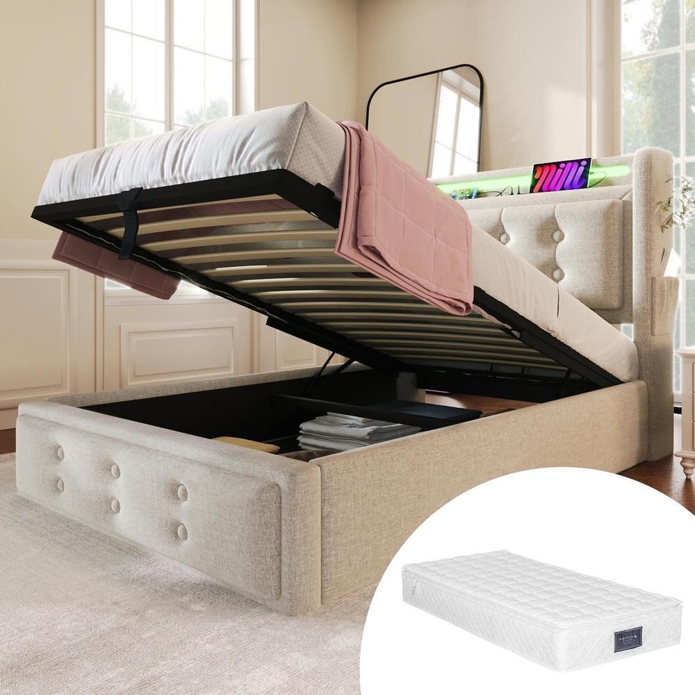 Cama 90x200 cm con almacenamiento, LED, usb, beige