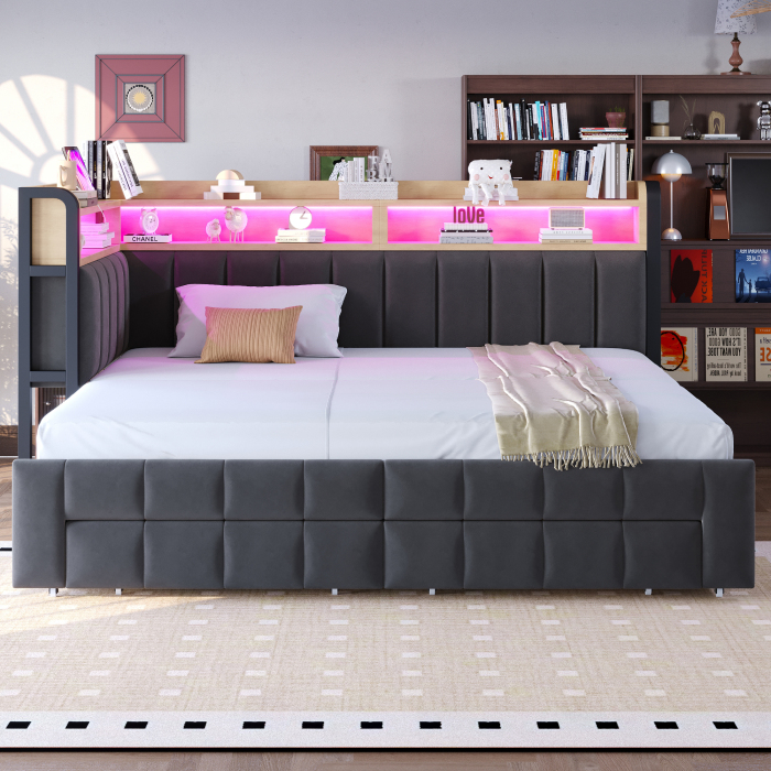 Cama extensible 90x200cm con almacenaje y luces LED terciopelo gris oscuro
