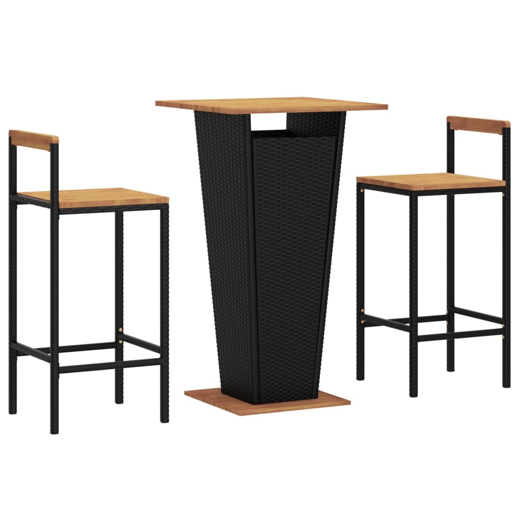 vidaXL mesa bar y taburetes jardín 3 pzas madera acacia ratán pe negro