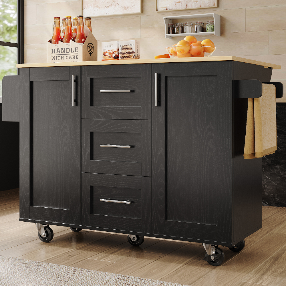 Isla de cocina con alas abatibles 3 cajones negro 87x135x46 74cm