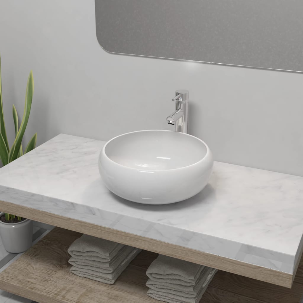 Lavabo de baño redondo con grifo mezclador cerámica blanco es6912