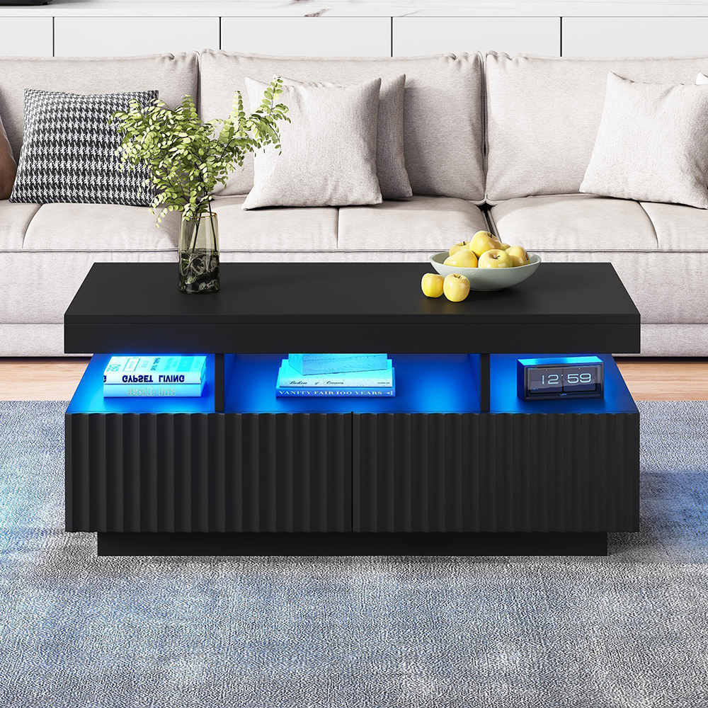 Mesa de centro con tira de luces LED, negra