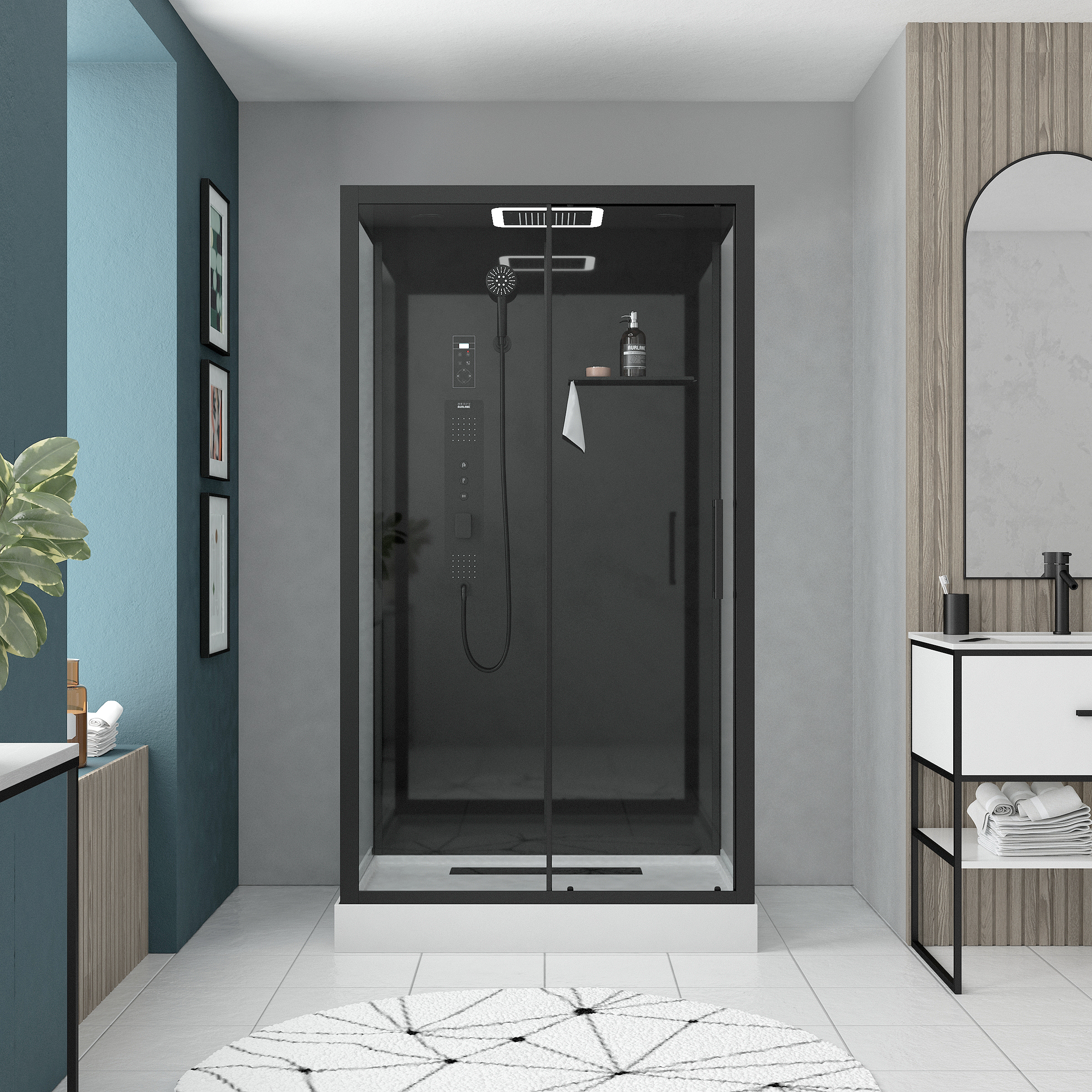 Cabina hidromasaje 115x90x218 cm puerta corredera y fondo negro
