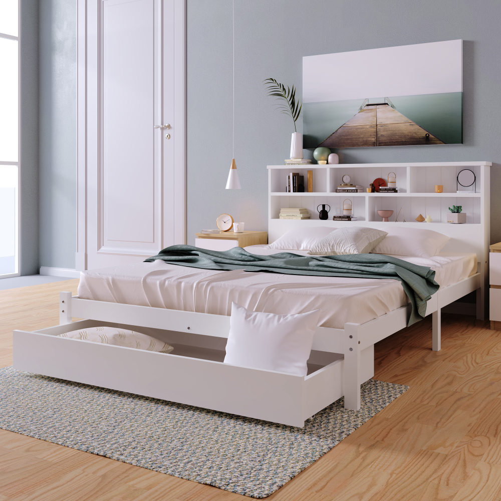 Cama doble juvenil 140x200cm con cajón y estantería madera maciza blanco