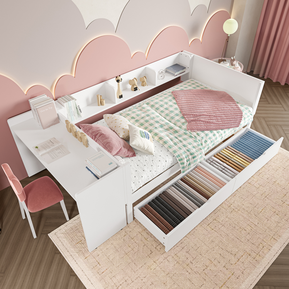 Cama individual 90x200cm con escritorio y cajones pino y aglomerado blanco